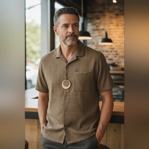 Common People (NWT) Terry Square Casual Brown Button Down Shirt for Men/Size L